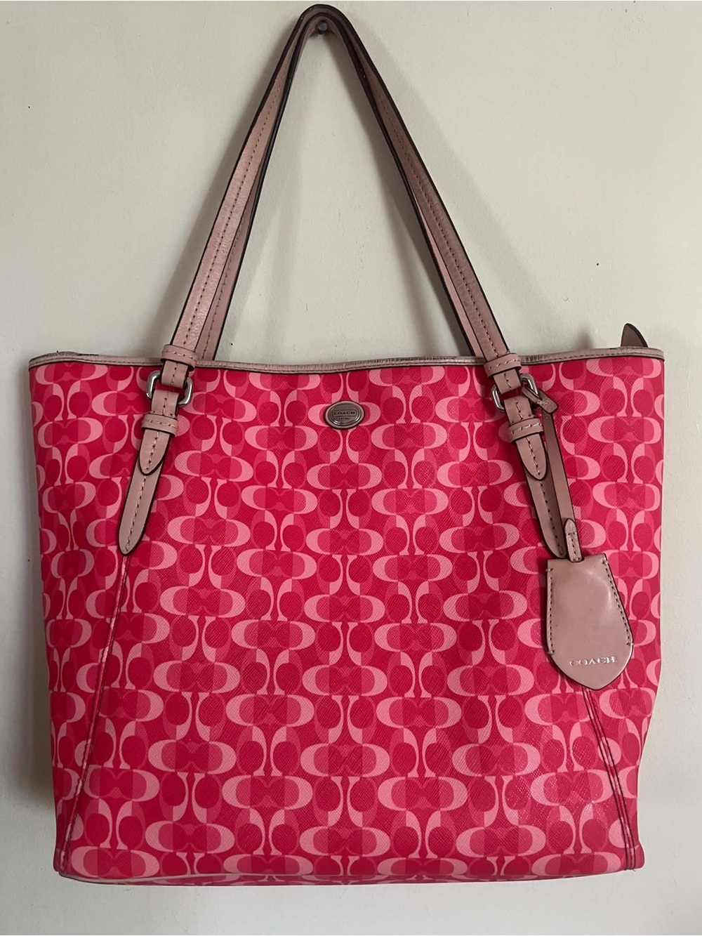 Coach Pink Signature Canvas Tote with Light Tan Trim
